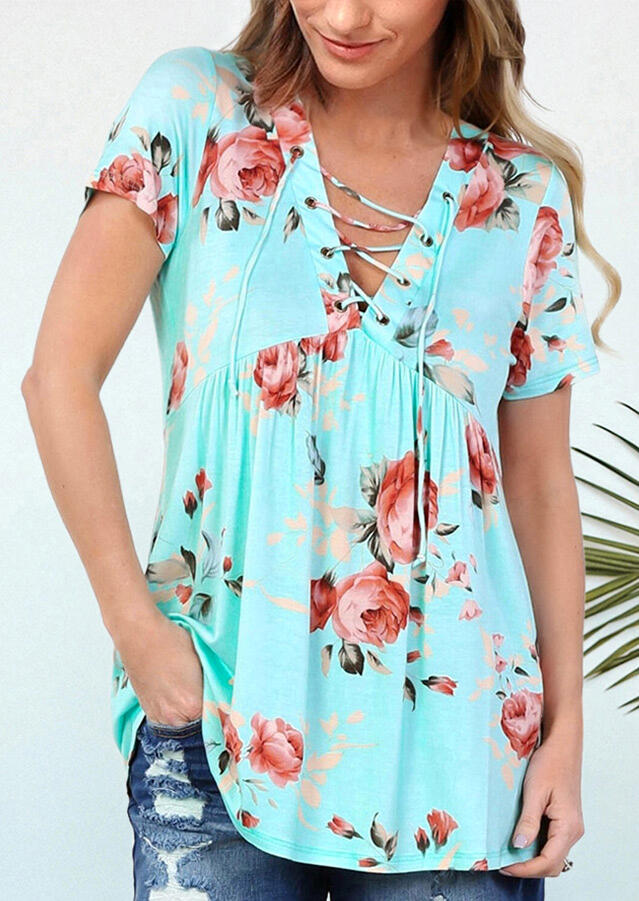 Blouses Floral Ruffled Lace Up Blouse in Cyan. Size: S,M,L,XL
