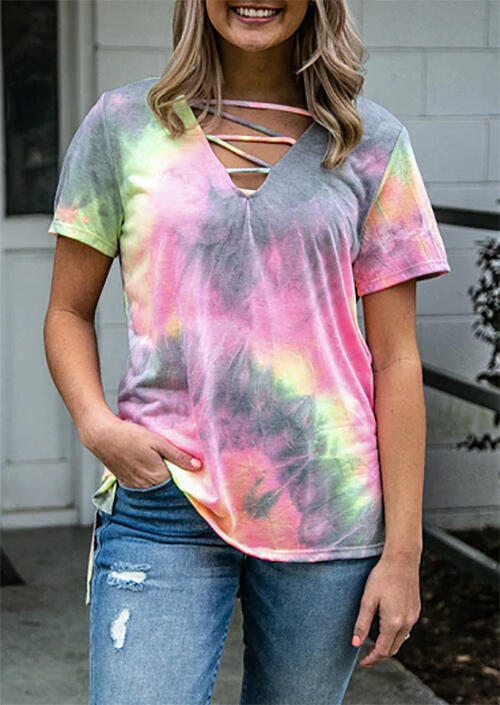 

Blouses Tie Dye Criss-Cross Open Back V-Neck Blouse in Multicolor. Size