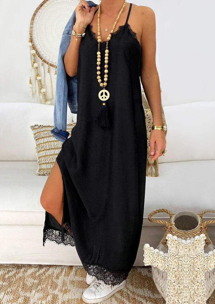 

Lace Splicing Slit Spaghetti Srap Maxi Dress without Necklace - Black, 471389