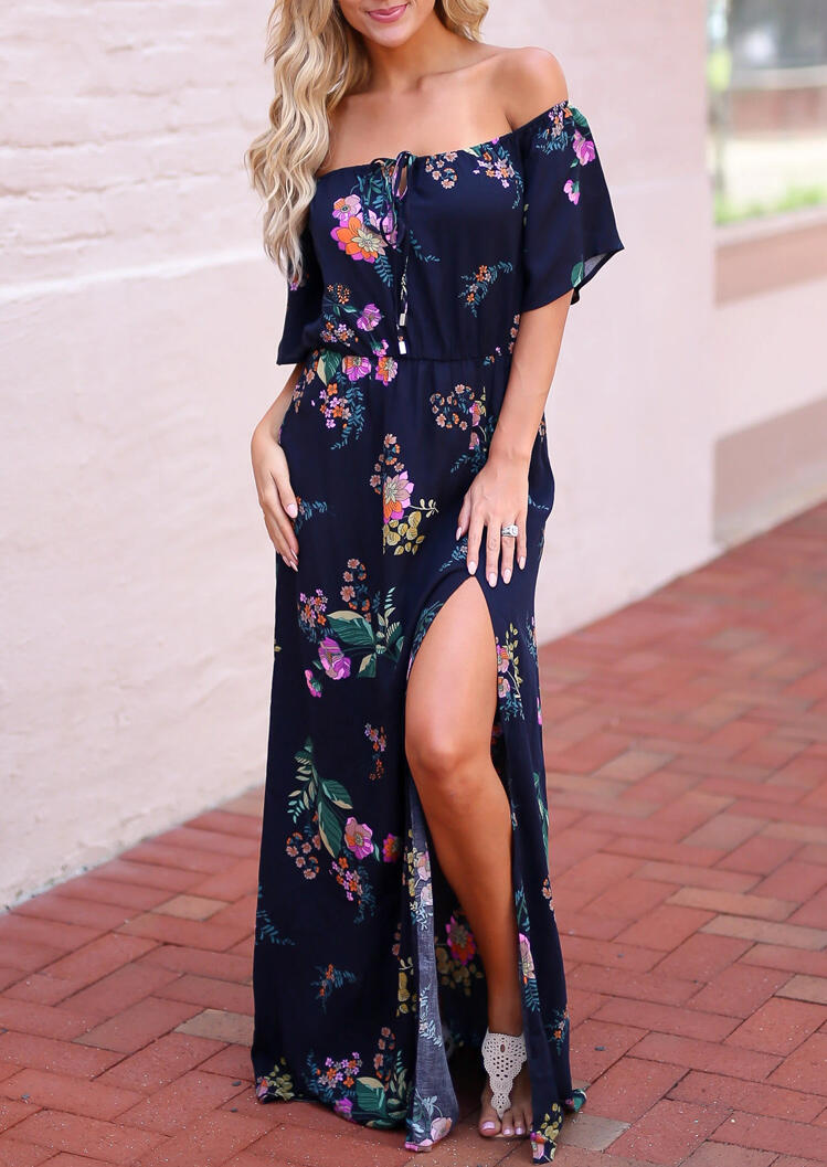 

Maxi Dresses Floral Tie Slit Off Shoulder Maxi Dress in Navy Blue. Size: ,M