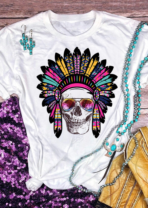 

Feather Skull O-Neck T-Shirt Tee - White, 471412