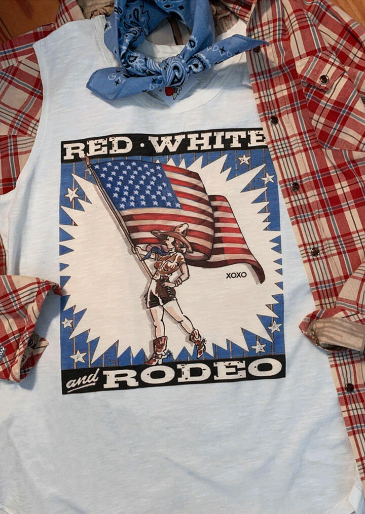 

Tank Tops Red White And Rodeo American Flag Star Tank in White. Size