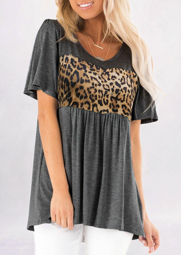 

Blouses Leopard Splicing Ruffled Blouse without Necklace - Gray. Size