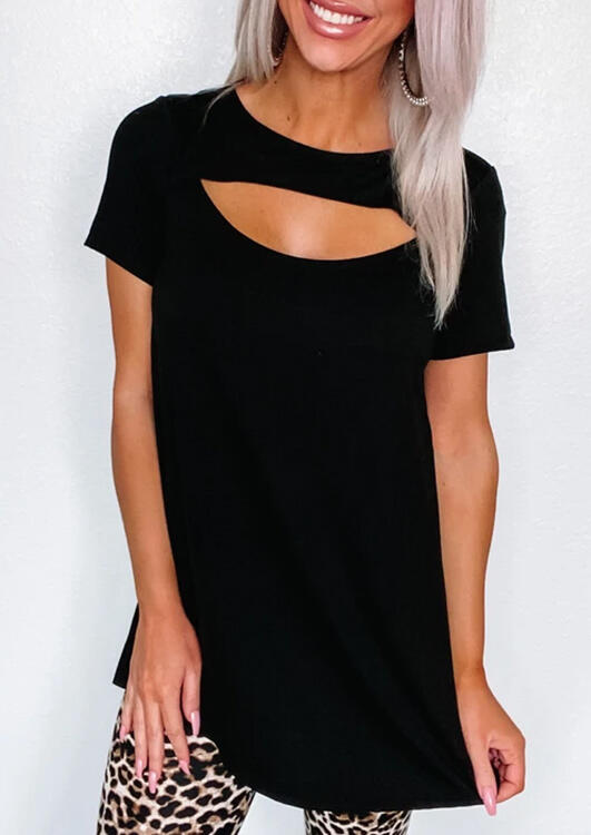 

Hollow Out O-Neck T-Shirt Tee - Black, 471427