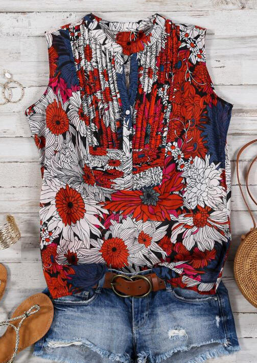 Summer Tops Red Floral Ruffled Button Tank Top for Women in Multicolor. Size: S