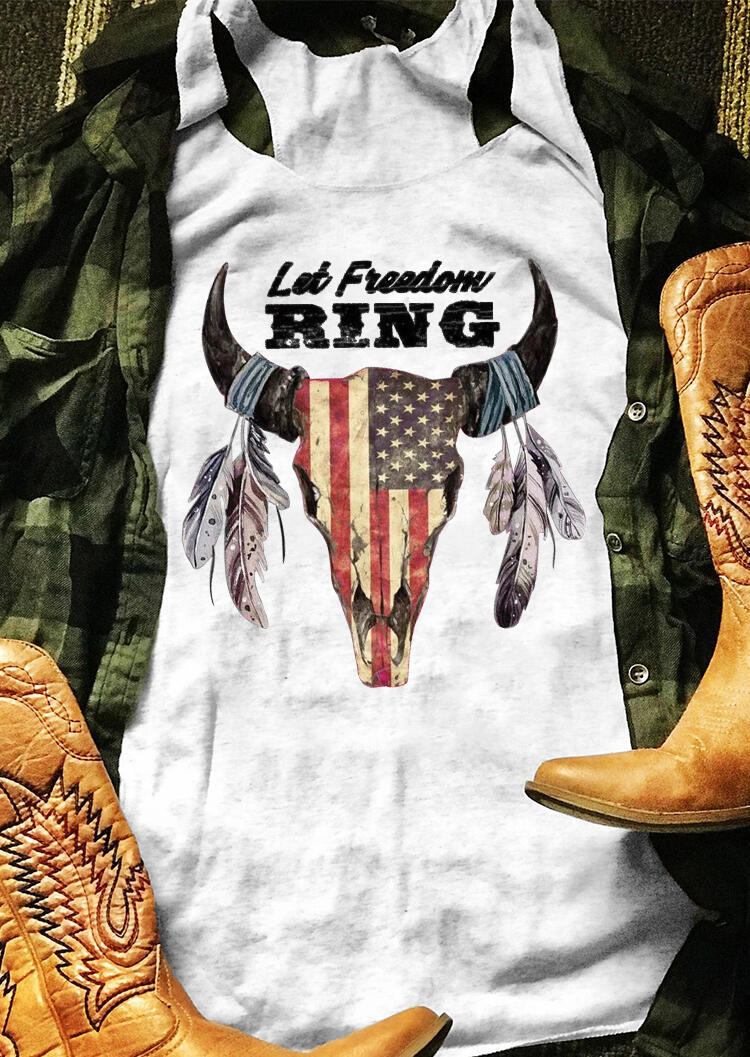 

Tank Tops Let Freedom Ring American Flag Steer Skull Tank - Gray. Size