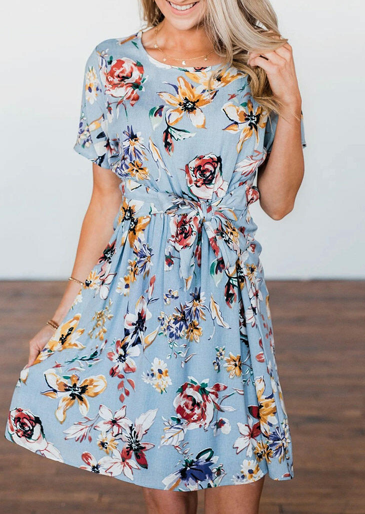 

Floral Tie O-Neck Mini Dress without Necklace - Sky Blue, 471508