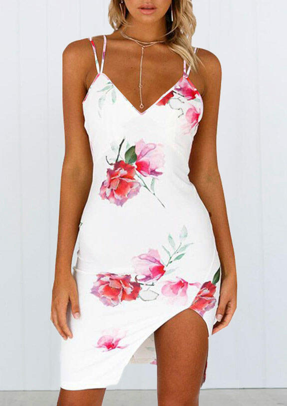 

Floral V-Neck Open Back Slit Mini Dress without Necklace - White, 471577