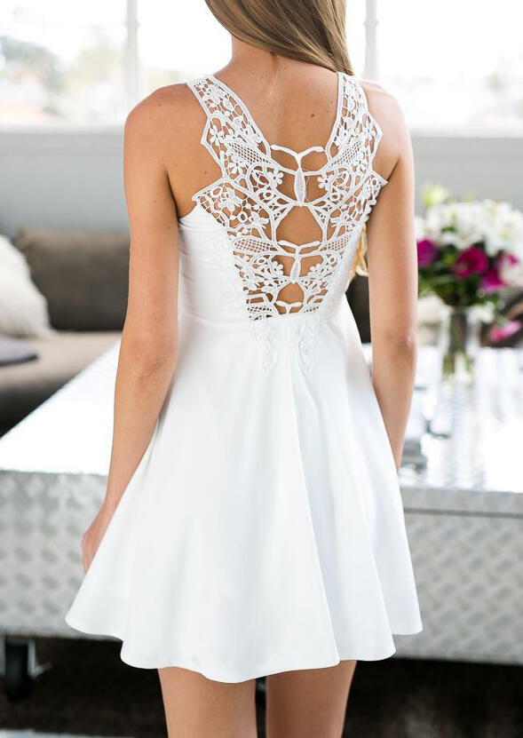 

Mini Dresses Lace Splicing Hollow Out Mini Dress in White. Size