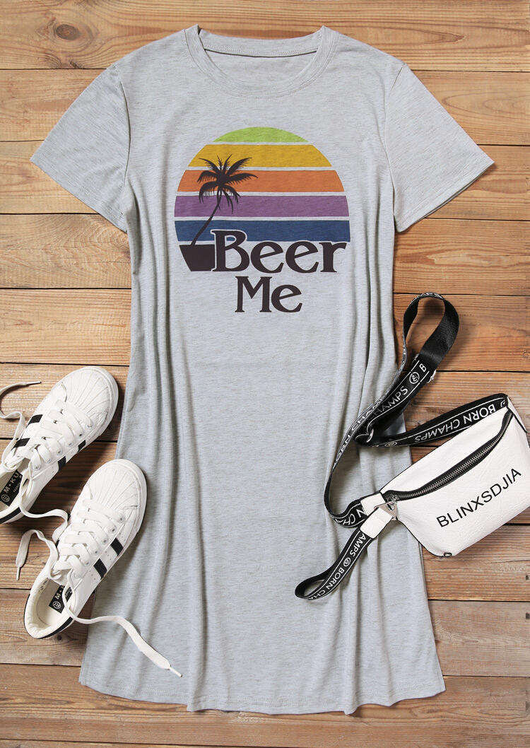 Beer Me Beach Print T-Shirt Dress Short Sleeve Mini Dress in Gray. Size: 3XL,L,XL