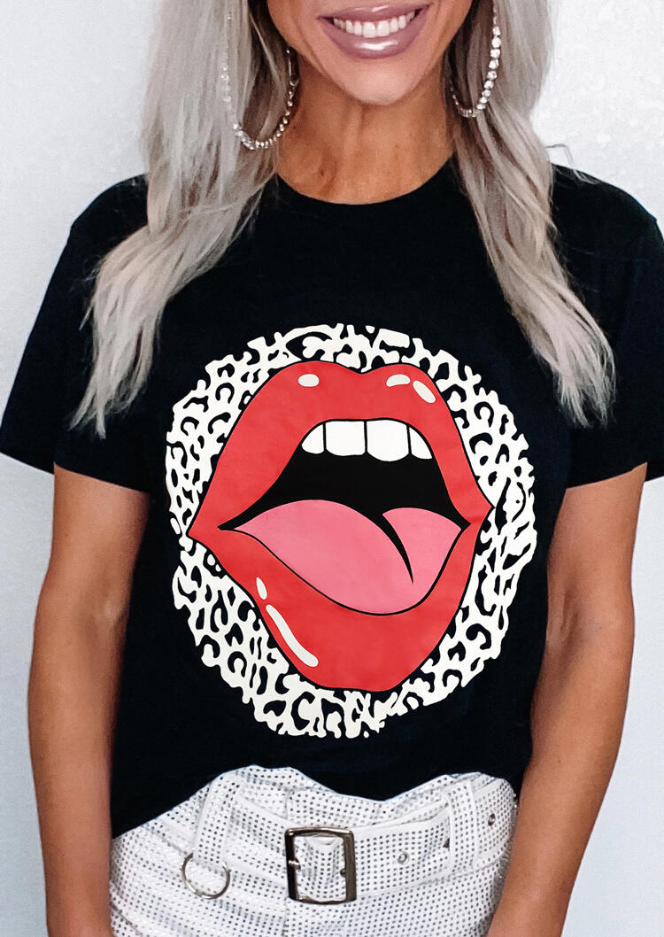 

Tees T-shirts Leopard Lips O-Neck T-Shirt Tee in Black. Size