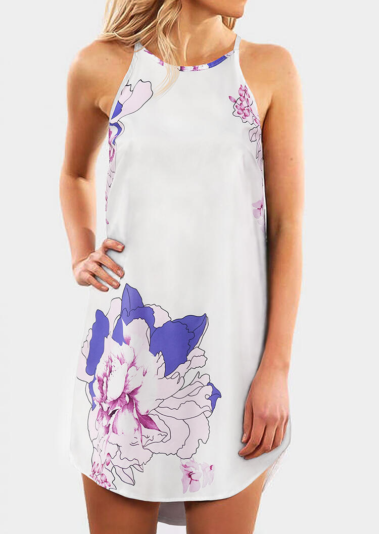 

Floral Sleeveless Mini Dress - White, 471532