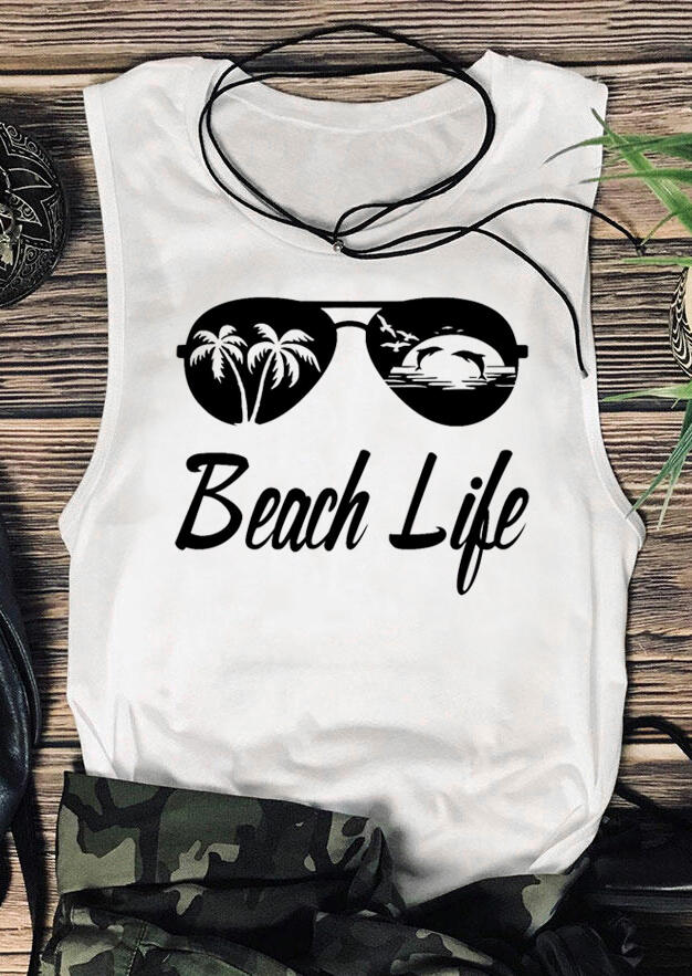 

Tank Tops Beach Life Sunglasses Tank without Necklace in White. Size