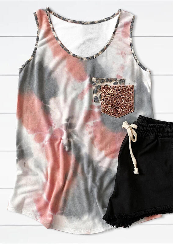 

Tank Tops Tie Dye Splicing Leopard Pocket Tank in Multicolor. Size: ,XL
