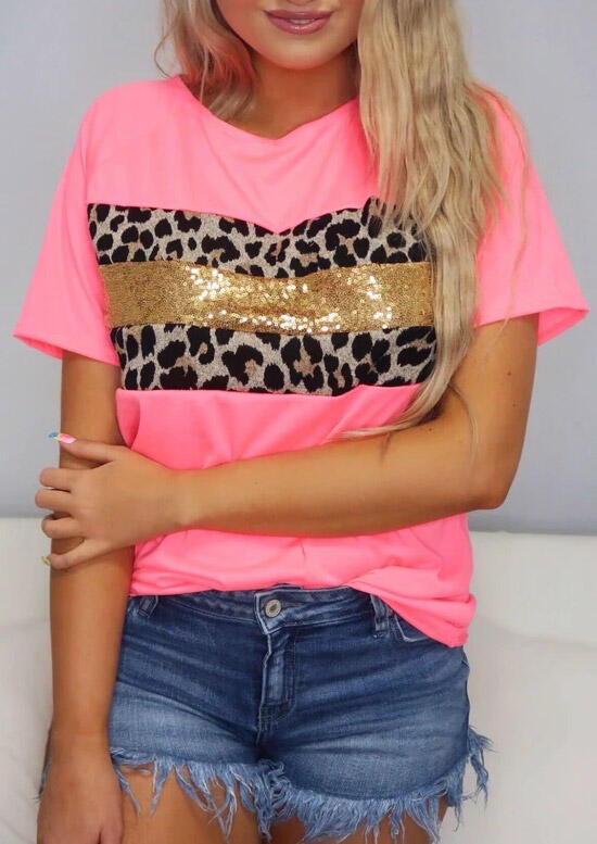 T-shirts Tees Leopard Sequined Splicing T-Shirt Tee in Pink. Size: M,S
