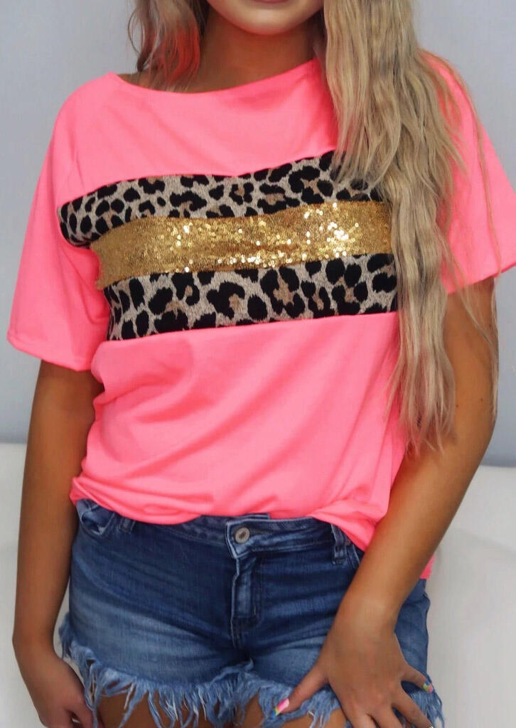 Leopard Sequined Splicing T-Shirt Tee - Pink