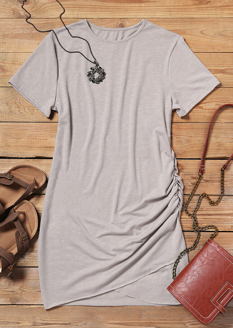 Solid Ruched Short Sleeve Bodycon Dress without Necklace