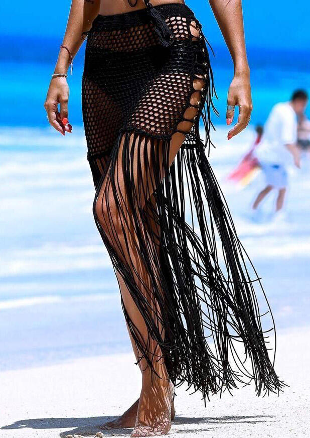 

Cover Ups Tassel Hollow Out Long Skirt Cover Up in Black. Size