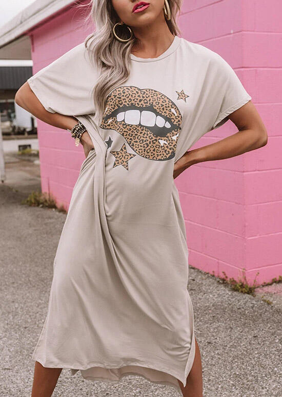 

Leopard Lips Star Slit Casual Dress - Light Khaki, 471751