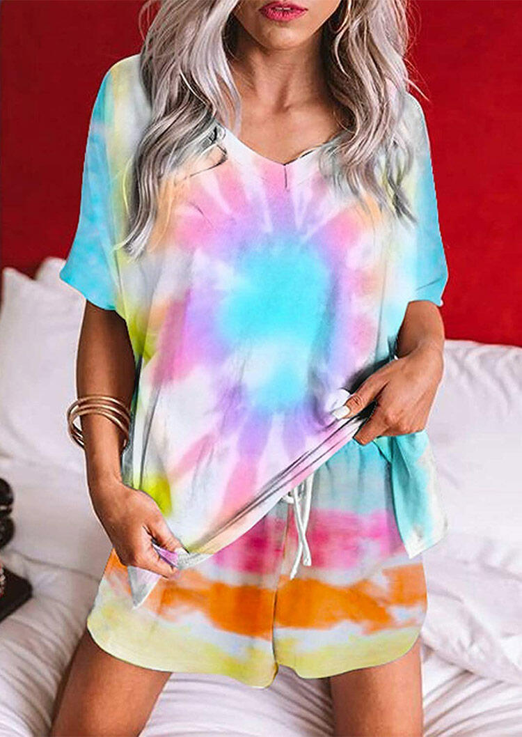 

Tie Dye Drawstring Shorts and V-Neck Blouse Set, Multicolor, 471725