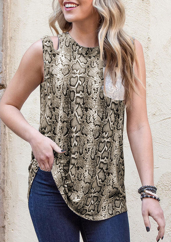 

Snake Skin Sequined Splicing Pocket Hollow Out Tank, 471568