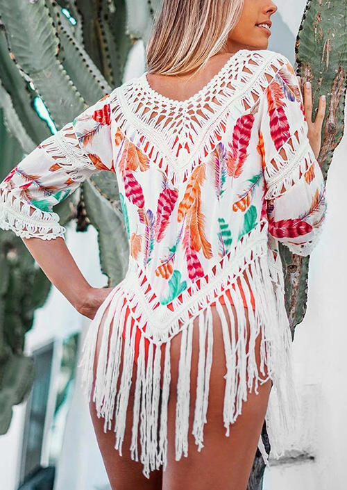 

Cover Ups Feather Hollow Out Tassel Cover Up - White. Size