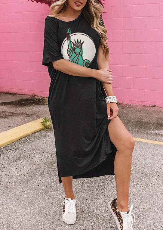 

Goddess Of Liberty Slit Casual Dress - Black, 471638