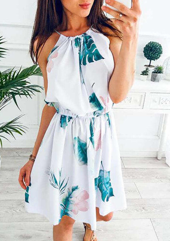 

Leaf Ruffled Halter Mini Dress - White, 471557