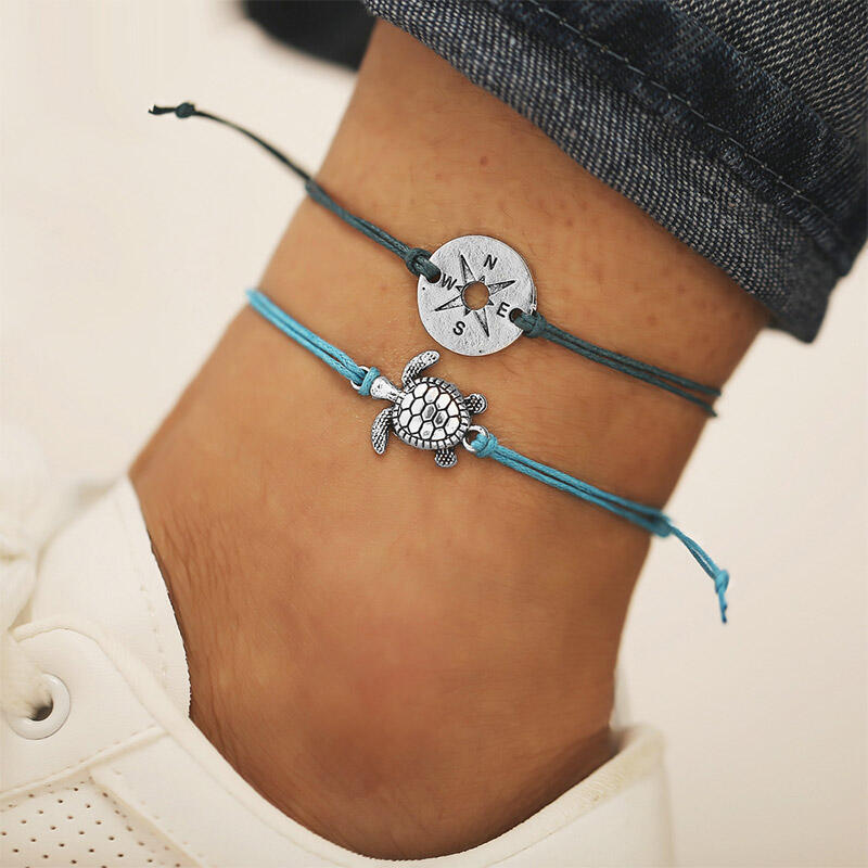 

Body Jewelry 2Pcs Turtle Hollow Out Compass Braided Anklet in Lake Blue. Size