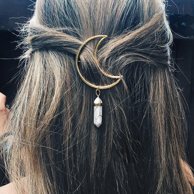 

Hair Accessories Crystal Moon Hexagon Pendant Hair Clip in White. Size