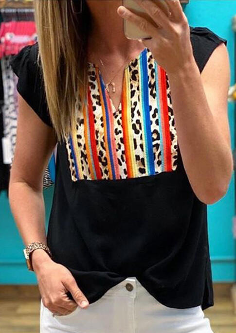 

Leopard Splicing V-Neck T-Shirt Tee without Necklace - Black, 471894