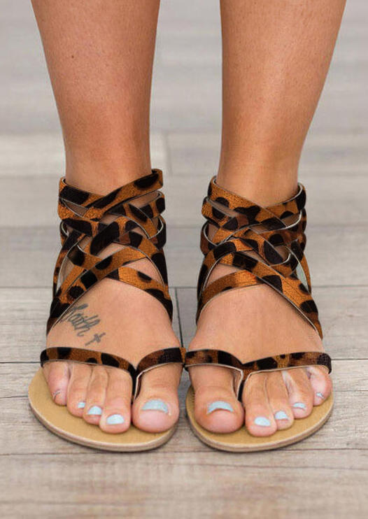 

Leopard Criss-Cross Zipper Flat Sandals, 471511
