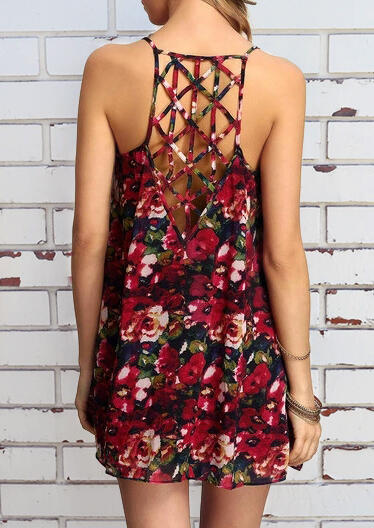 

Floral Hollow Out Spaghetti Strap Mini Dress - Red, 471657