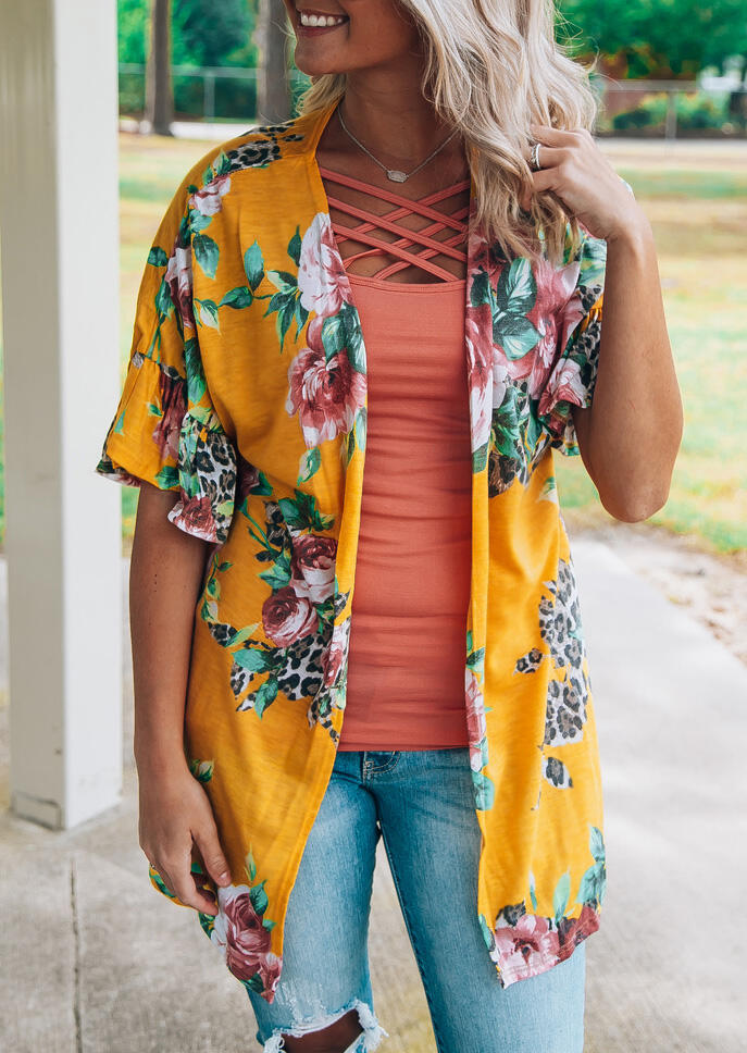 

Cardigans Leopard Floral Ruffled Cardigan in Yellow. Size