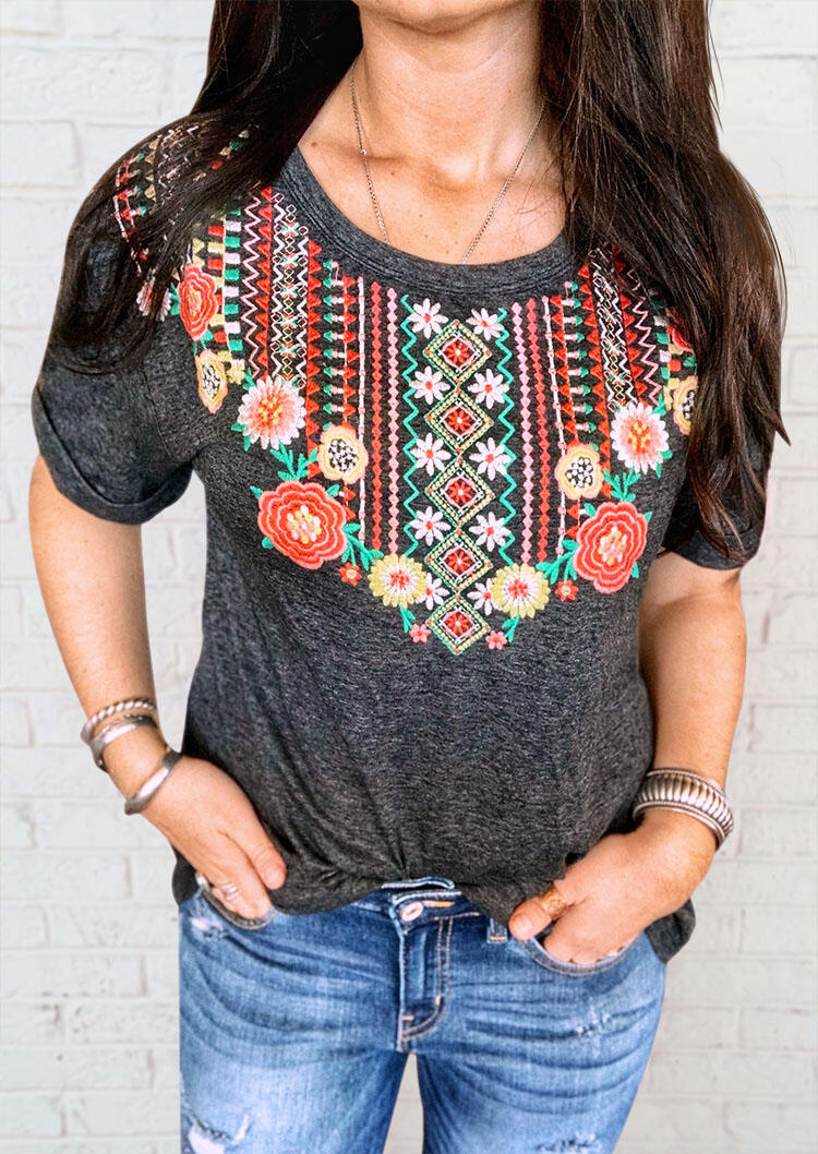 

Floral Drawstring O-Neck Blouse without Necklace - Dark Grey, 472008
