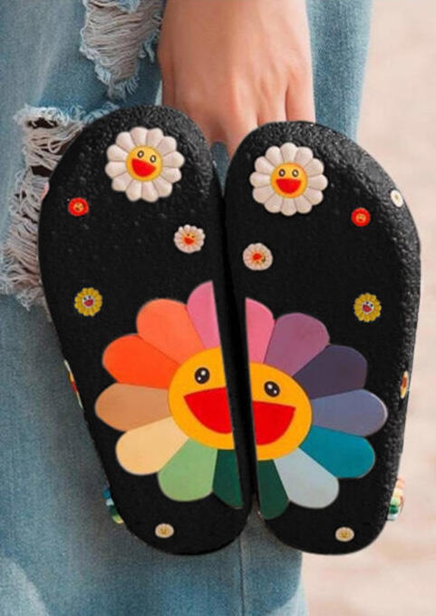 

Cute Sunflower Smile Face Beach Slides for Women in White. Size