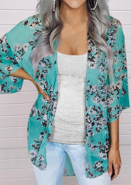 

Cardigans Floral Batwing Sleeve Cardigan without Necklace in Green. Size