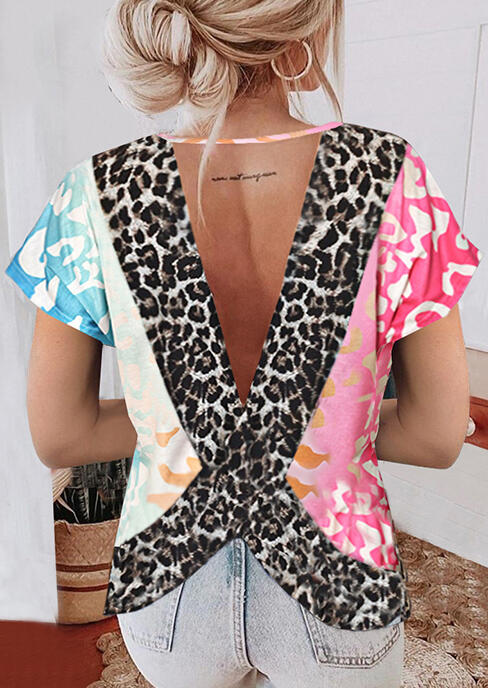 

Leopard Splicing Open Back Blouse - Pink, 471649