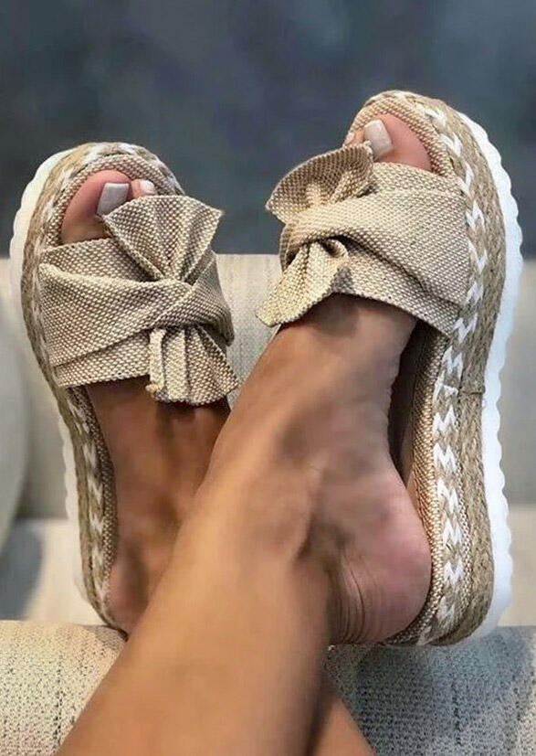 

Summer Bowknot Round Toe Wedged Slippers, Light khaki, 471737