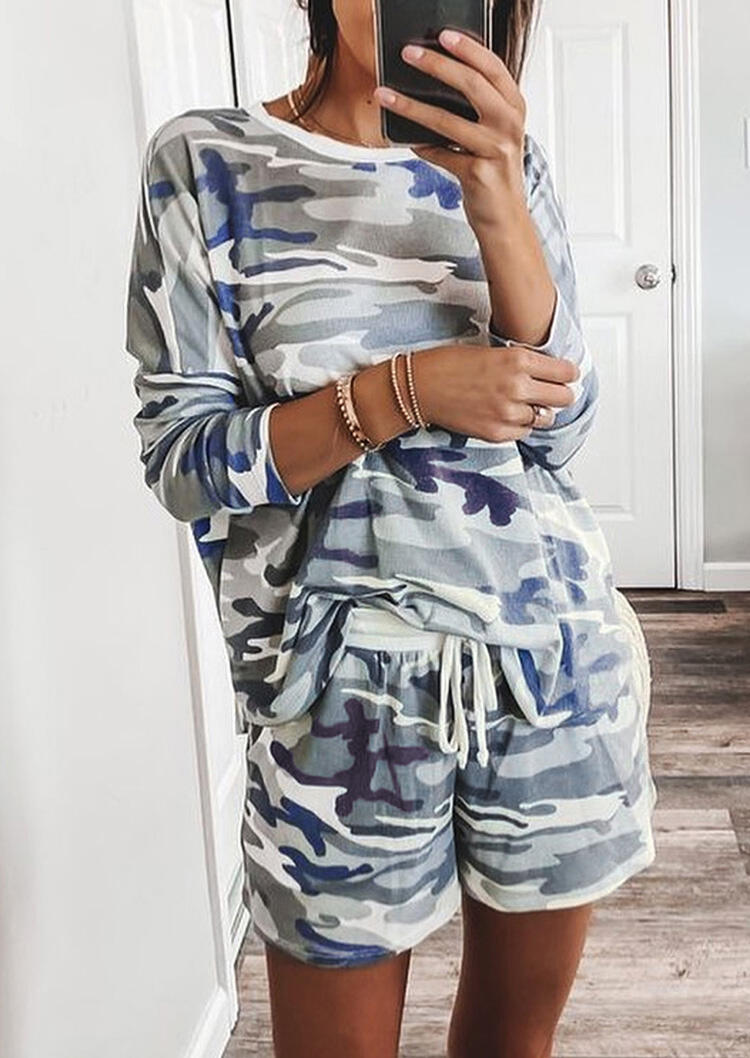 

Sleepwear Camouflage T-Shirt Tee And Drawstring Shorts Pajamas Set in Camouflage. Size