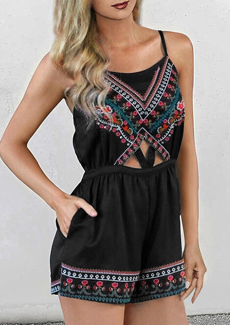 

Floral Pocket Hollow Out Spaghetti Strap Romper - Black, 471920