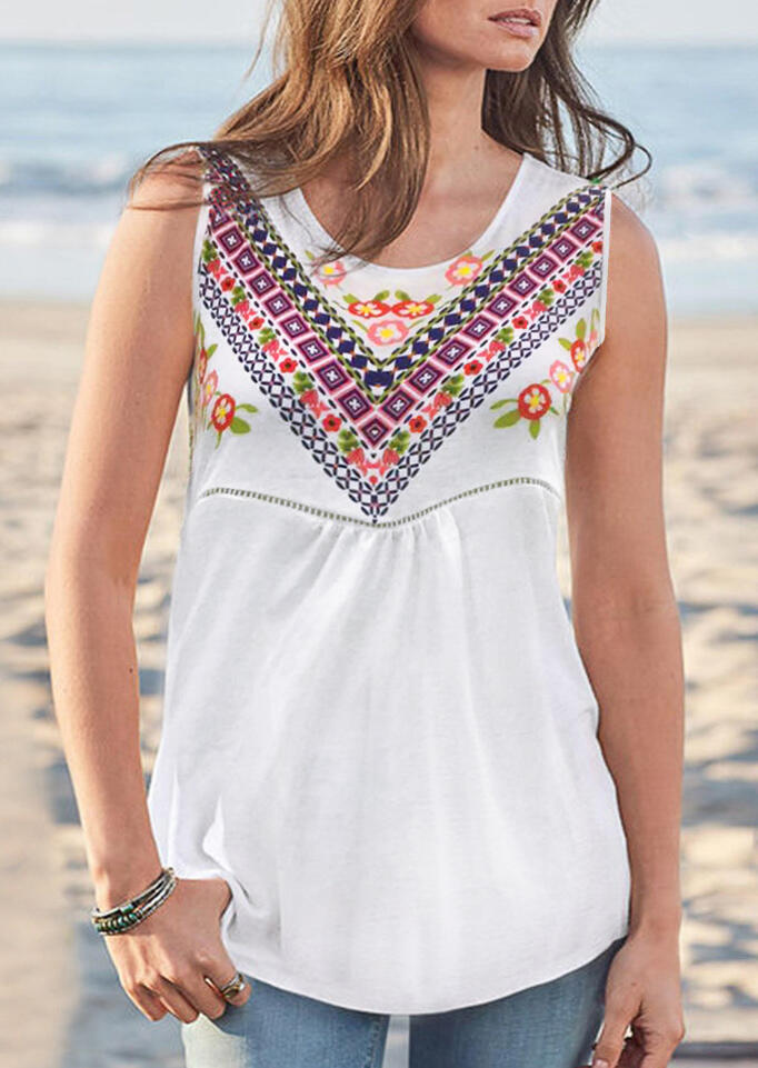 

Tank Tops Floral Geometric O-Neck Tank in White. Size