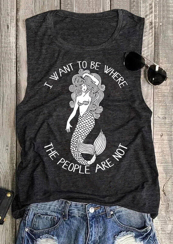 

Tees T-shirts I Want To Be Where The People Are Not Mermaid Tank in Dark Grey. Size: M
