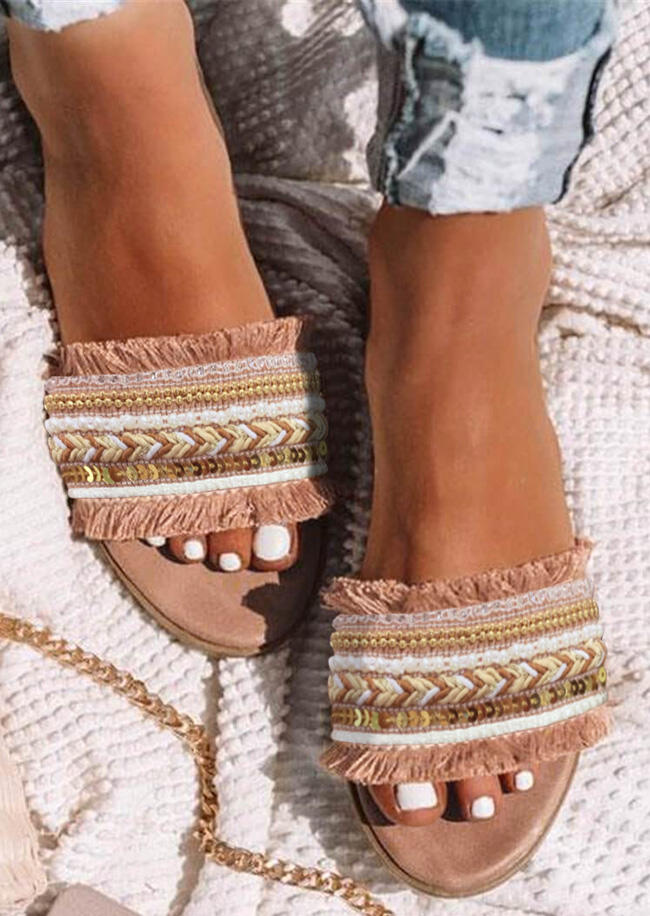 

Slippers Summer Tassel Sequined Flat Slippers in Dark Apricot. Size