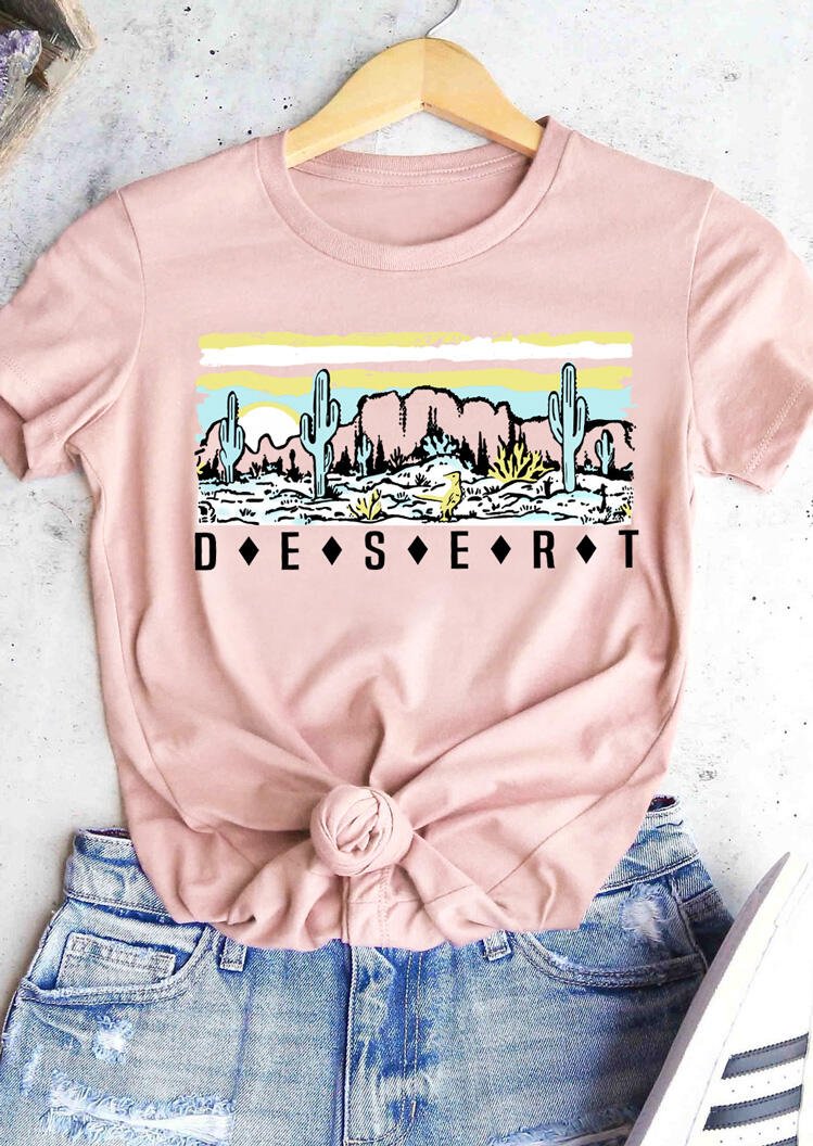 

Desert Cactus O-Neck T-Shirt Tee - Pink, 472014