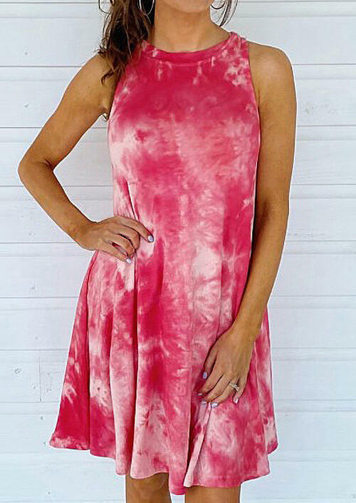 

Tie Dye O-Neck Sleeveless Mini Dress - Rose Red, 470649