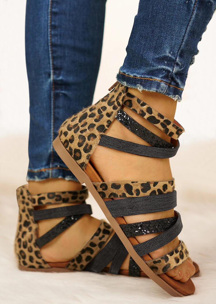 

Sandals Leopard Sequined Criss-Cross Zipper Flat Sandals in Leopard. Size