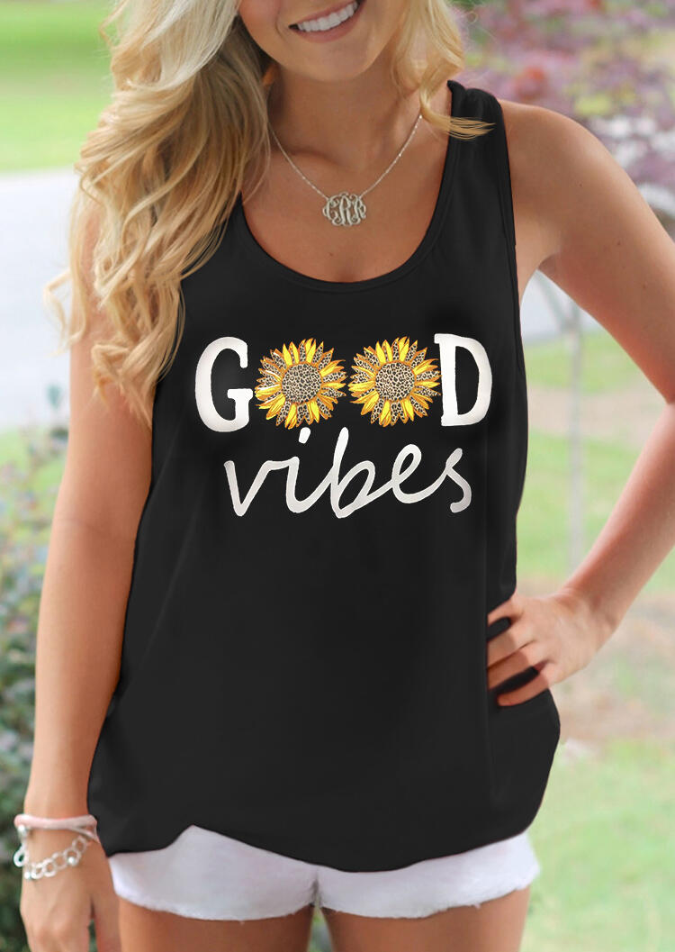 

Leopard Sunflower Good Vibes Tank without Necklace - Black, 471415