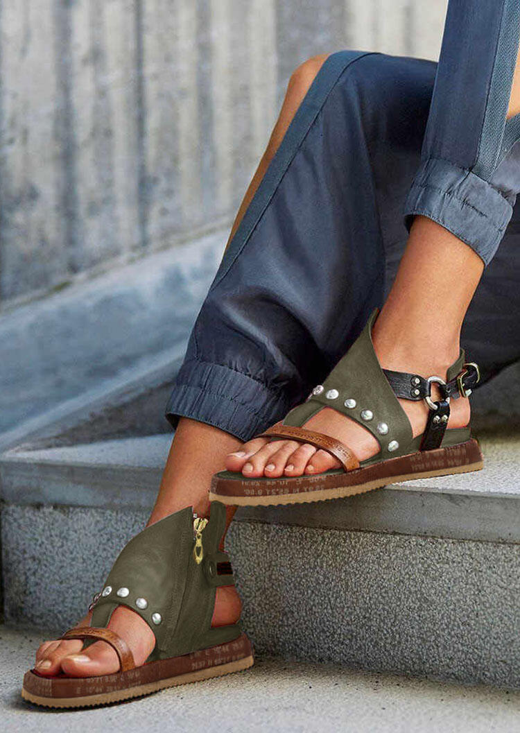 

Sandals Summer Bohemian Platform Round Toe Zipper Sandals in Army Green. Size