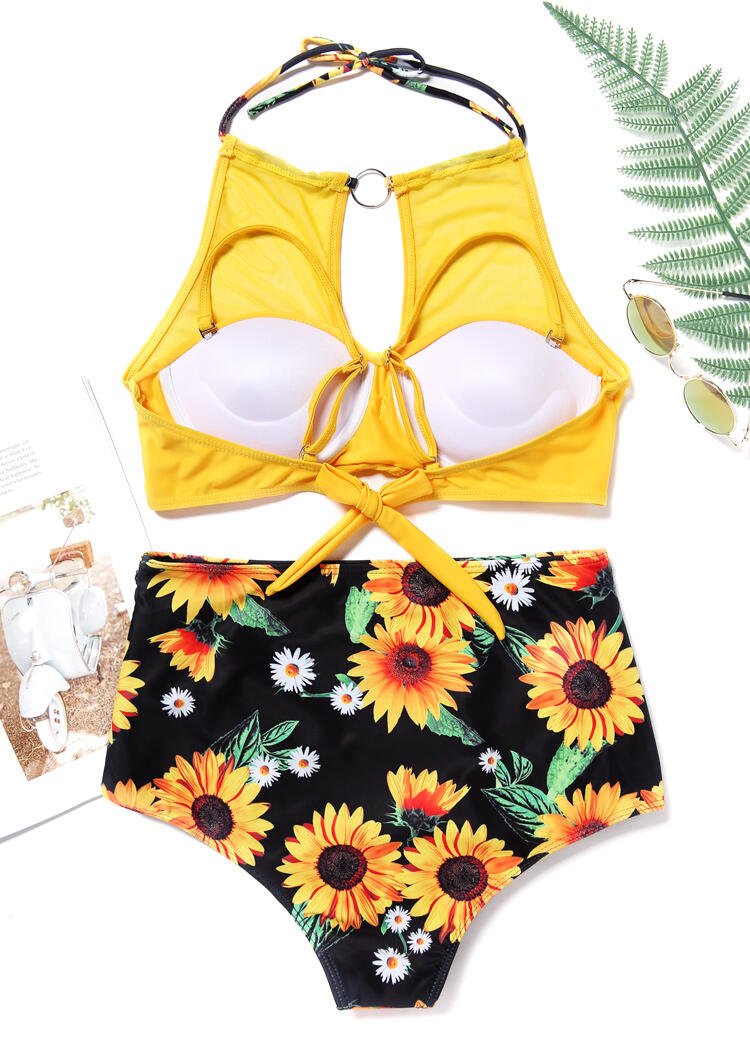 Sunflower Hollow Out Tie Halter Bikini Set - Yellow - Fairyseason
